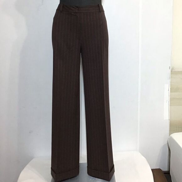 Lafayette 148 New York Chocolate Brown Pinstripe Wide Leg Trouser Pants Size 6 - Picture 3 of 11